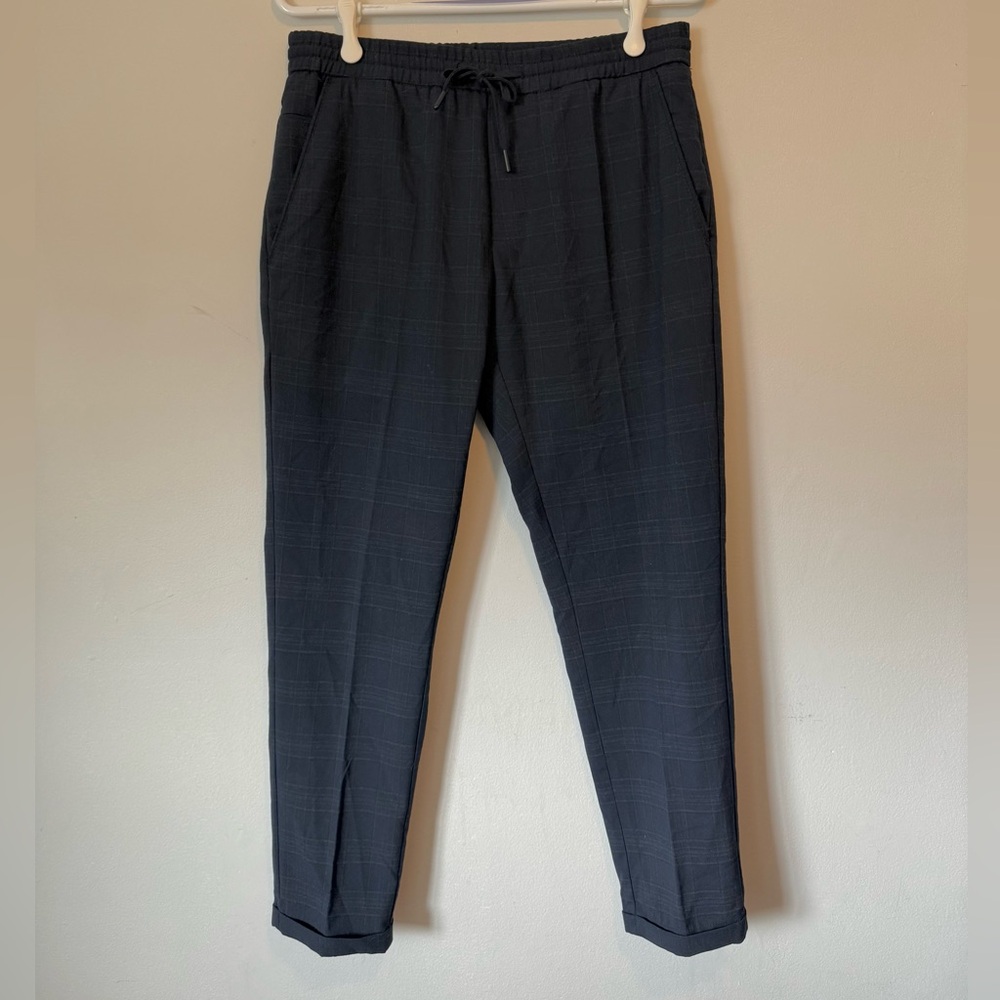 Zara High Rise Blue Plaid Trouser with Elastic Waist and Drawstring Ladies M
